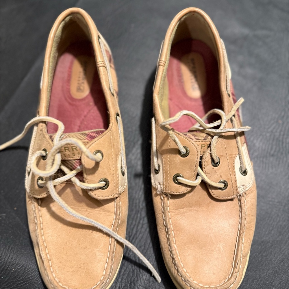 Sperry Tan Boat Shoes with Pink Lining